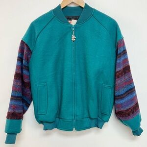 Vintage 1970's Women's Teal Bomber Jacker Wool Varsity Coat Aztec Sleeves US 10